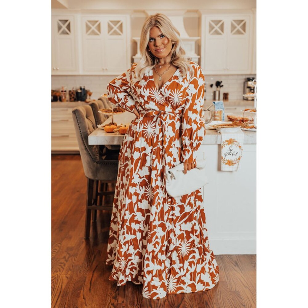 Aakaa Brown and White Floral Maxi Dress